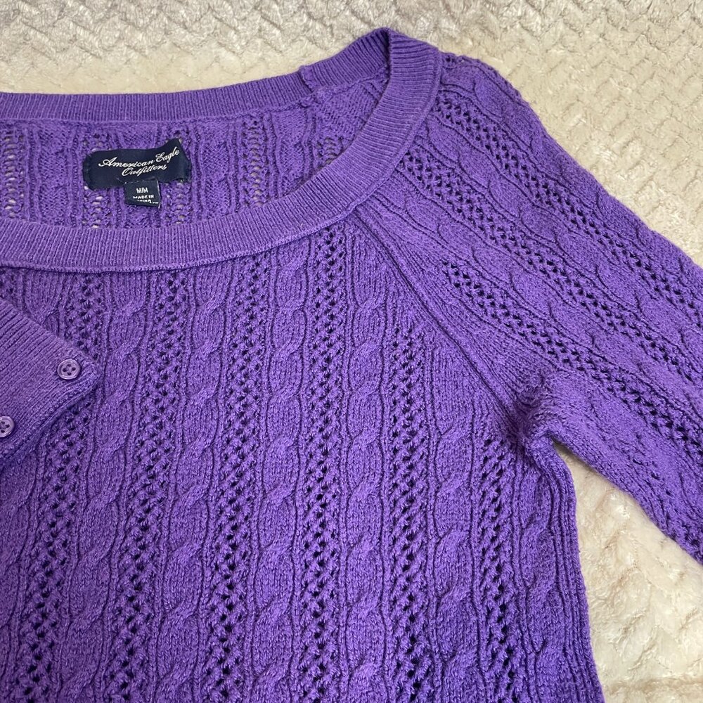 American Eagle Outfitters Y2K Style Purple Cable Knit 3/4 Sleeve Skinny Sweater - Picture 9 of 10